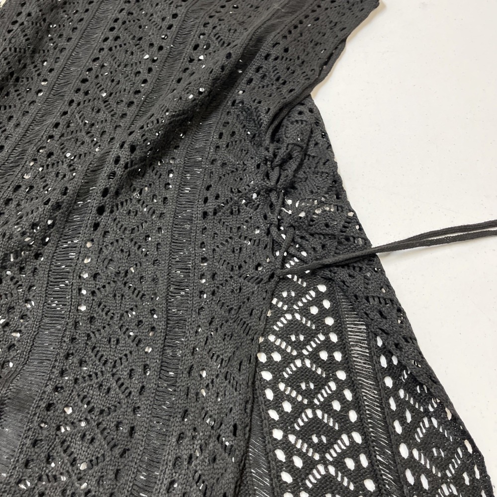 Black Open Knit Poncho Asymmetrical Tie Sides Dark Cottagecore Boho One Size - Picture 8 of 9